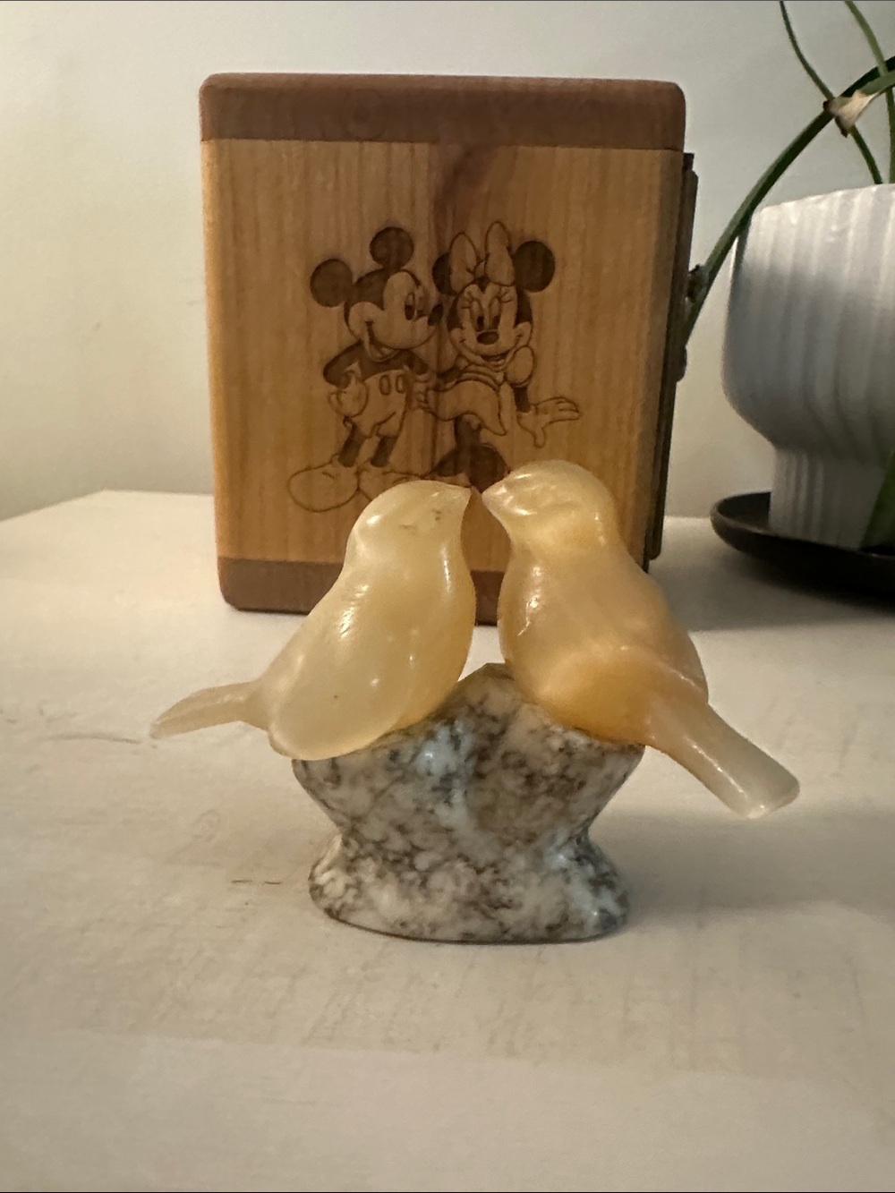 Marbled Stone Base Bird Pair Figurine in Cream and Amber